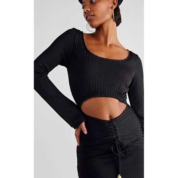 NWT FREE PEOPLE Sz S ONE & ONLY MAXI DRESS RIBBED CUTOUT LONG SLEEVE MAXI BLACK - Picture 2 of 2